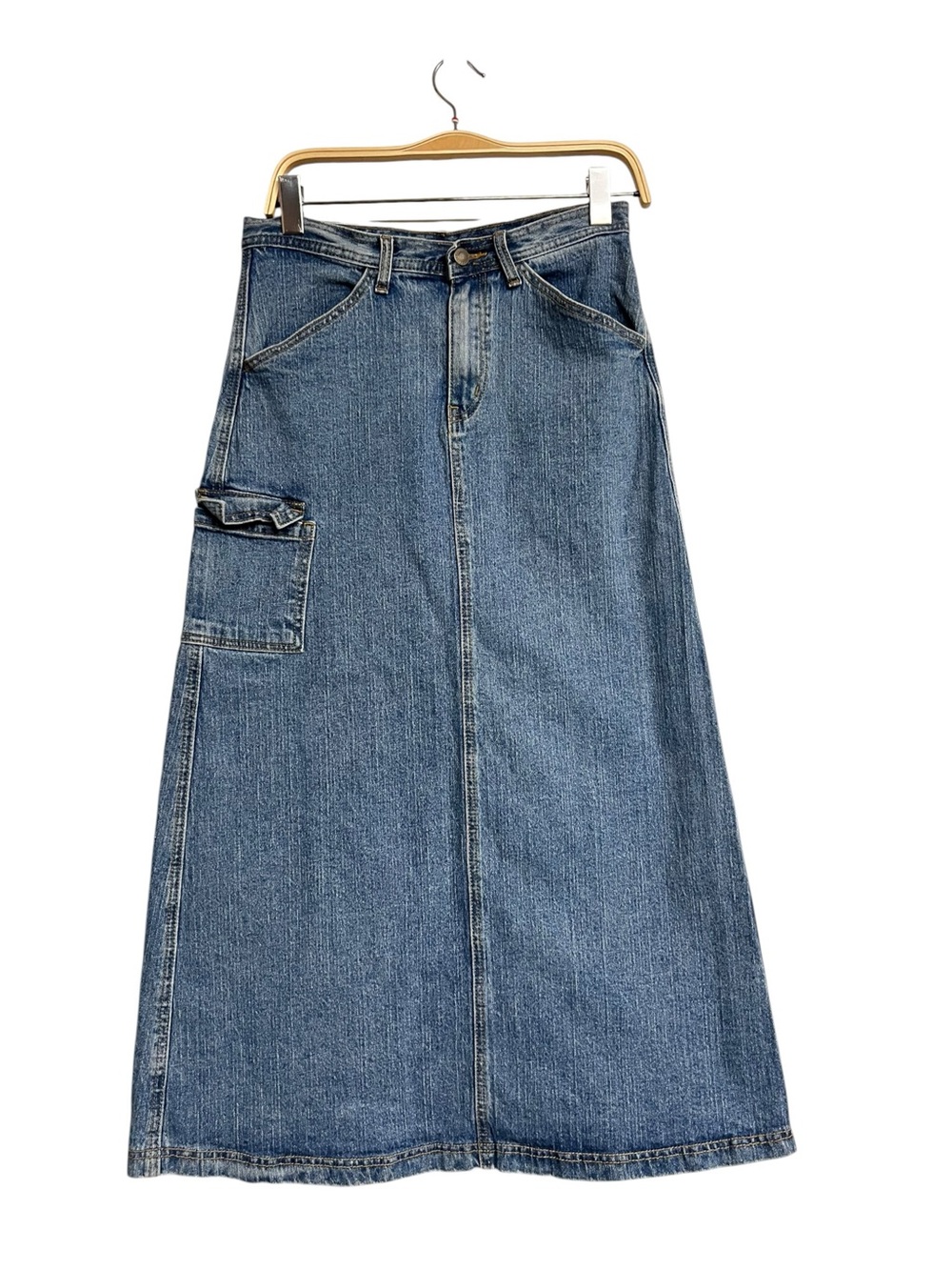 Blue Denim A-Line Maxi Jeans Skirt Y2K 90s Boho Western Country Utility
